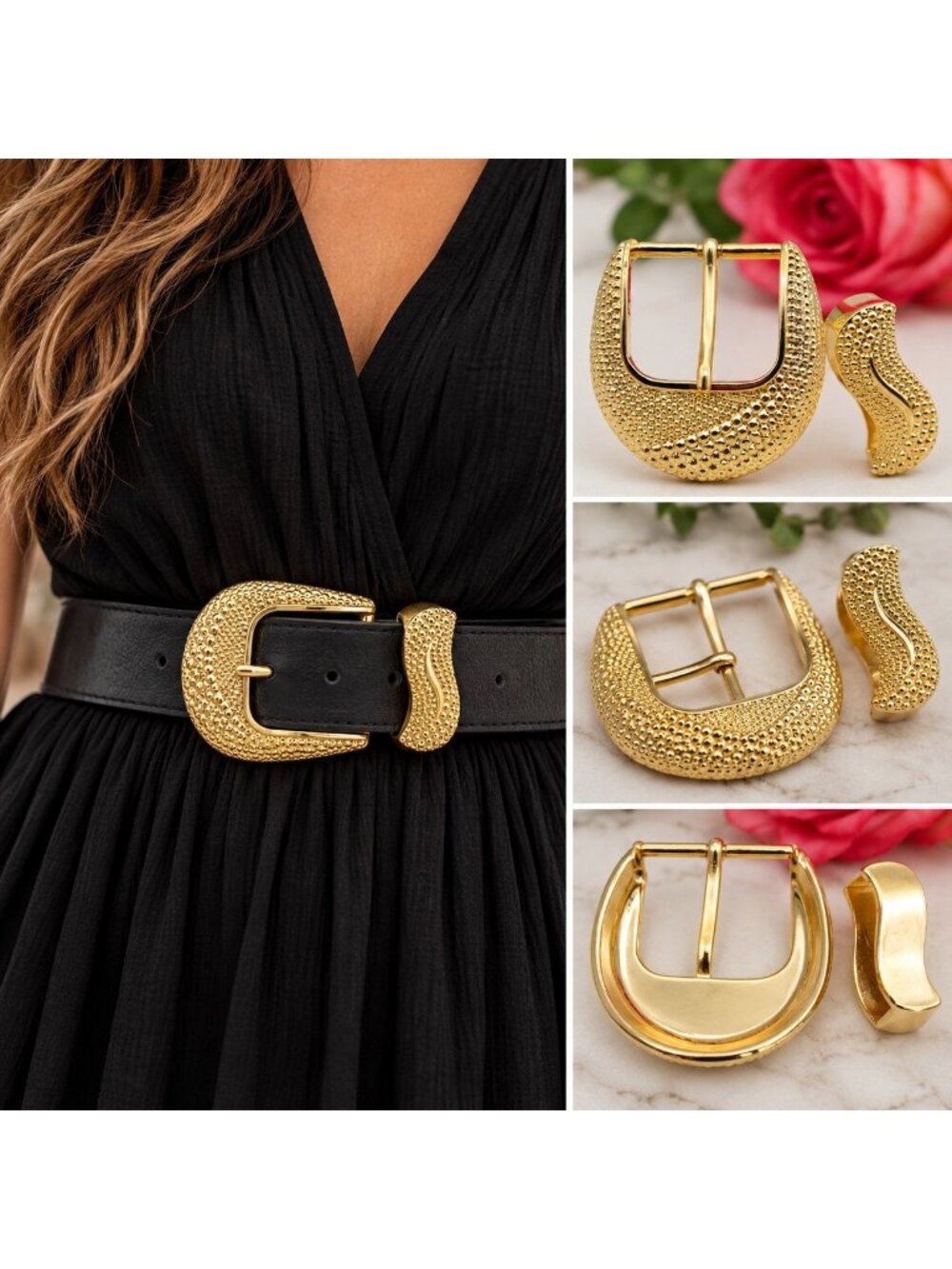 Vintage 80s 90s Gold Tone Textured Belt Buckle & Keeper Chunky Statement